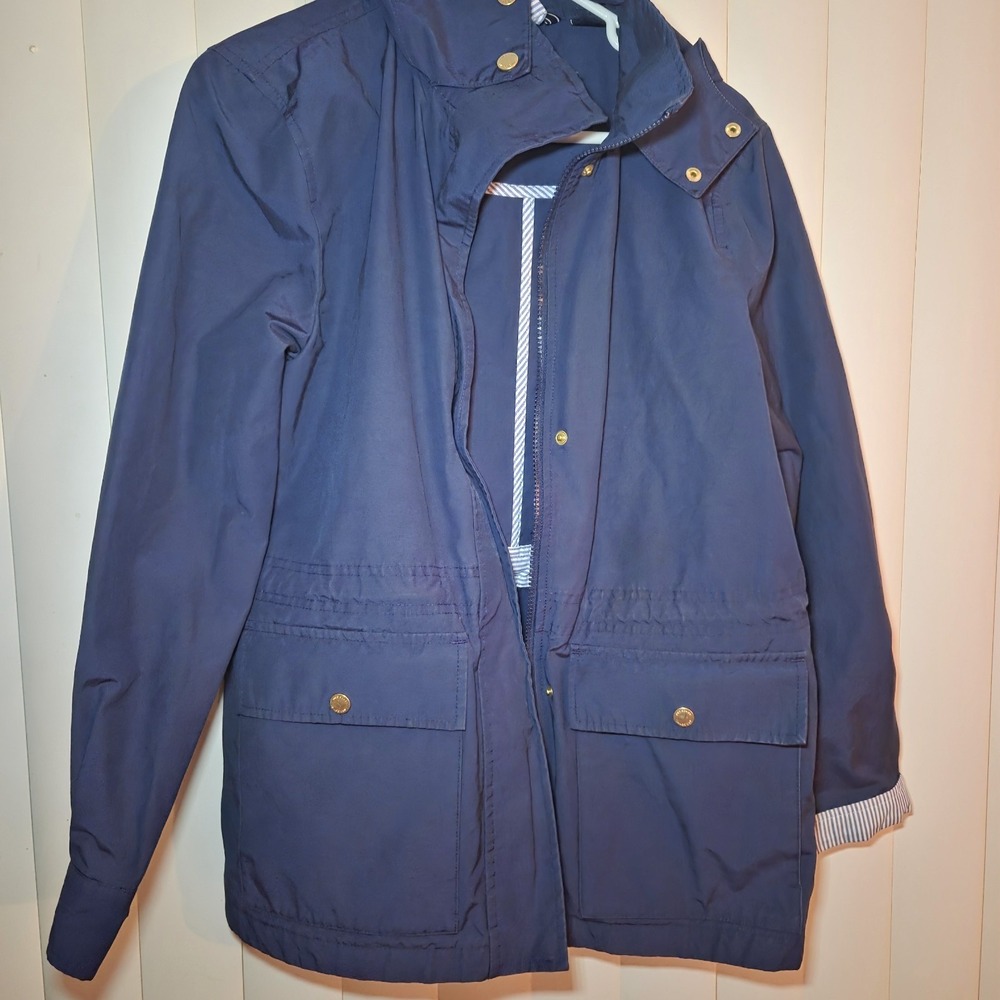 Lands' End Women's Small Navy Blue Utility Raincoat Jacket Striped Lining Hood
